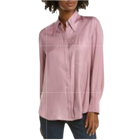 VINCE Relaxed Silk Blend Button Up Blouse, Interior Front Pocket, Lilac Stone XL - Picture 1 of 13